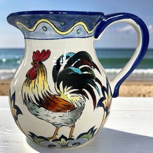 Large Maxcera Blue Talavera Rooster Water Jug Wine Pitcher Hand Painted Chicken